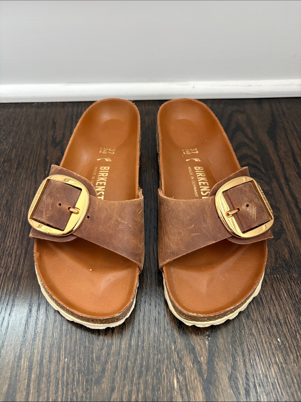 Birkenstock Brown Leather Big Buckle Slide Sandals